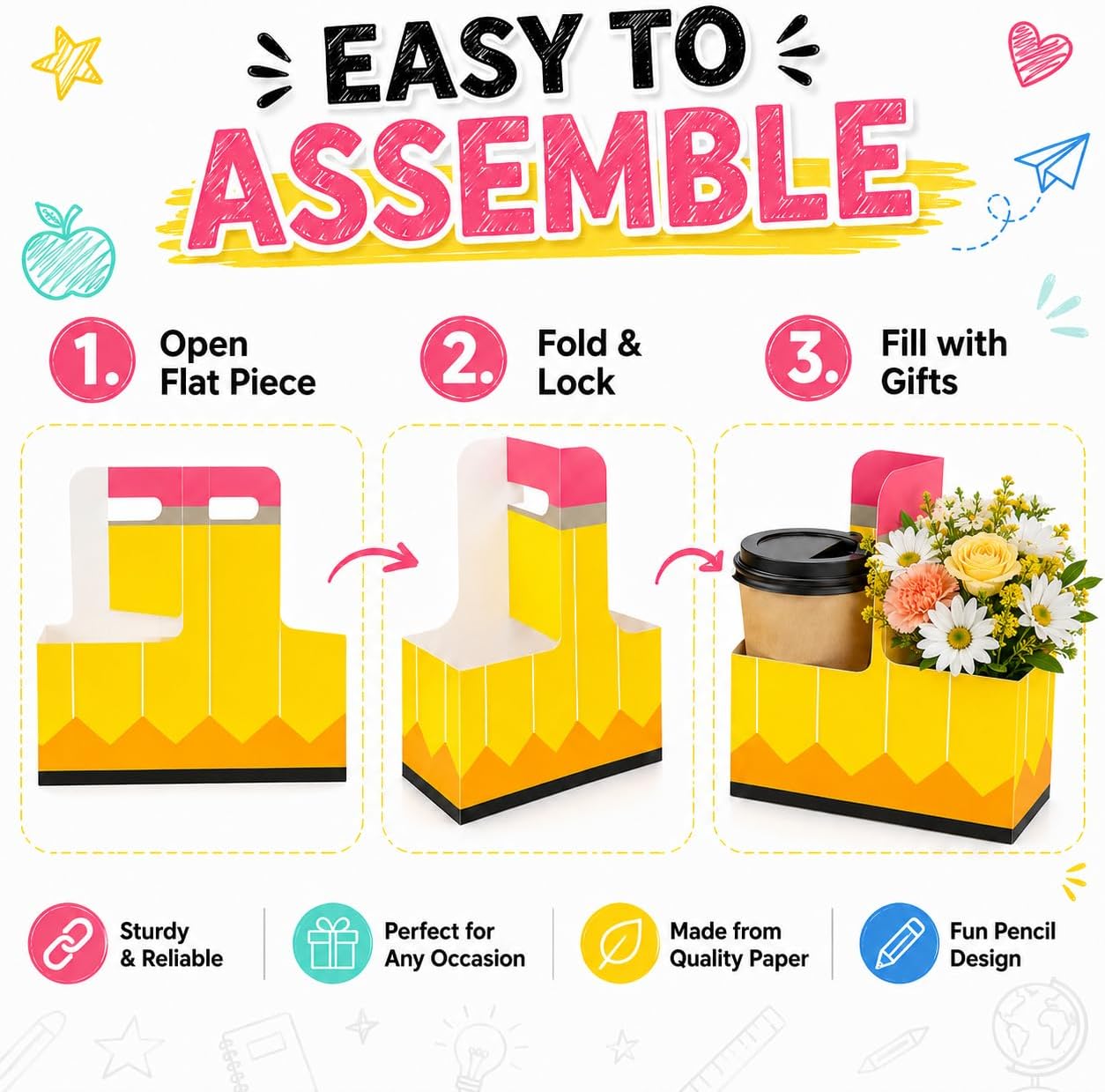 24 Pcs Back to School Teacher Gifts 2 Cup Drink Carrier Pencil Pattern Disposable Cup Holders with Handle Pencil Shaped Gift Box for Teacher Party Decorations Gift Supplies