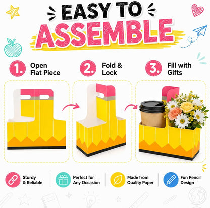 24 Pcs Back to School Teacher Gifts 2 Cup Drink Carrier Pencil Pattern Disposable Cup Holders with Handle Pencil Shaped Gift Box for Teacher Party Decorations Gift Supplies