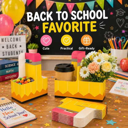 24 Pcs Back to School Teacher Gifts 2 Cup Drink Carrier Pencil Pattern Disposable Cup Holders with Handle Pencil Shaped Gift Box for Teacher Party Decorations Gift Supplies