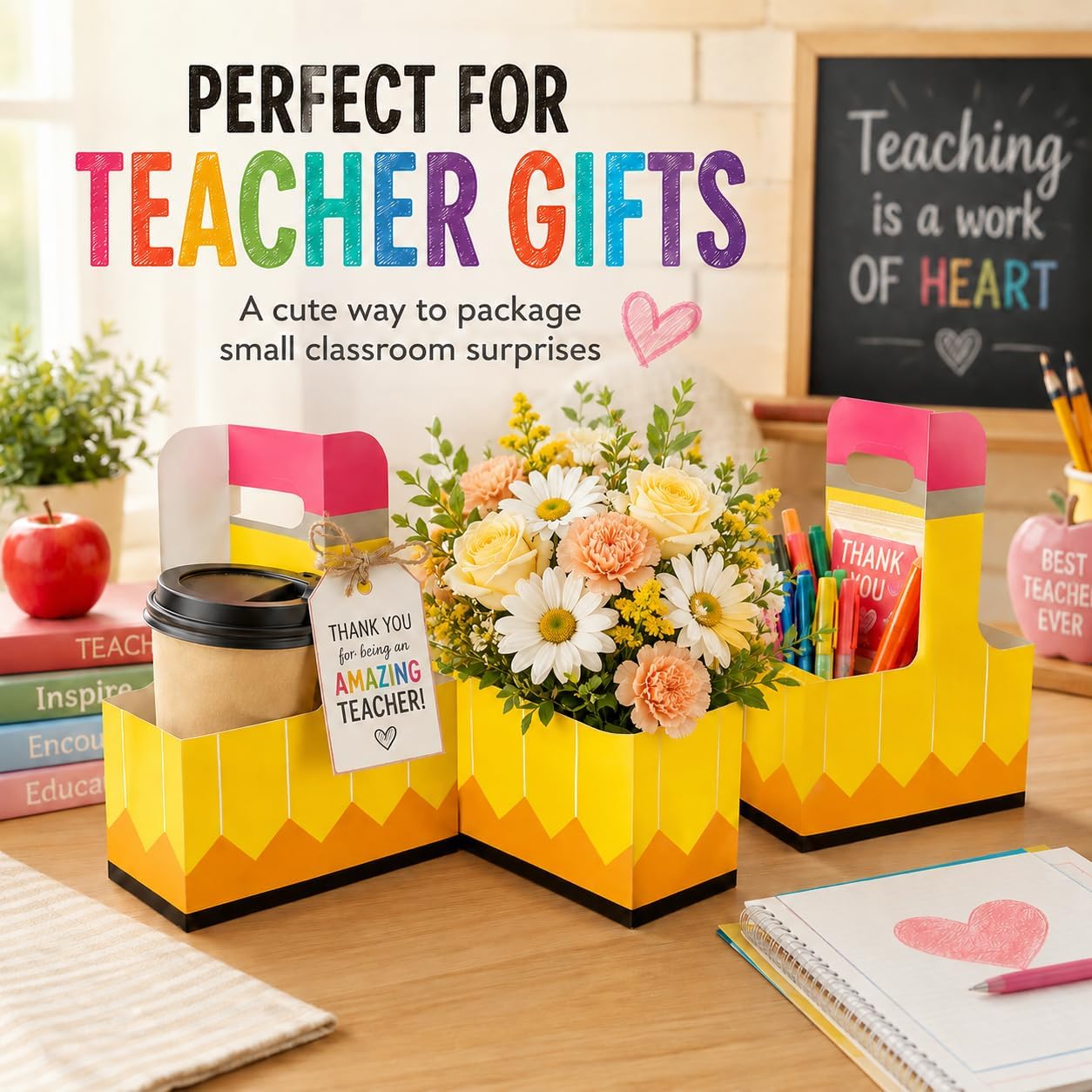 24 Pcs Back to School Teacher Gifts 2 Cup Drink Carrier Pencil Pattern Disposable Cup Holders with Handle Pencil Shaped Gift Box for Teacher Party Decorations Gift Supplies