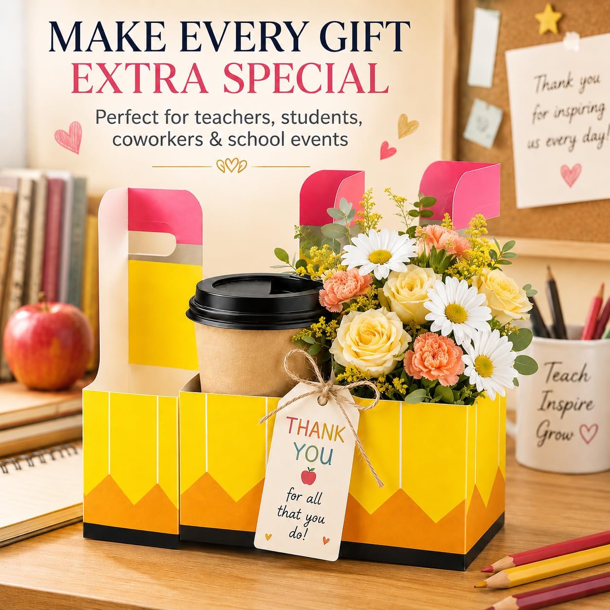 24 Pcs Back to School Teacher Gifts 2 Cup Drink Carrier Pencil Pattern Disposable Cup Holders with Handle Pencil Shaped Gift Box for Teacher Party Decorations Gift Supplies
