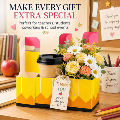 24 Pcs Back to School Teacher Gifts 2 Cup Drink Carrier Pencil Pattern Disposable Cup Holders with Handle Pencil Shaped Gift Box for Teacher Party Decorations Gift Supplies
