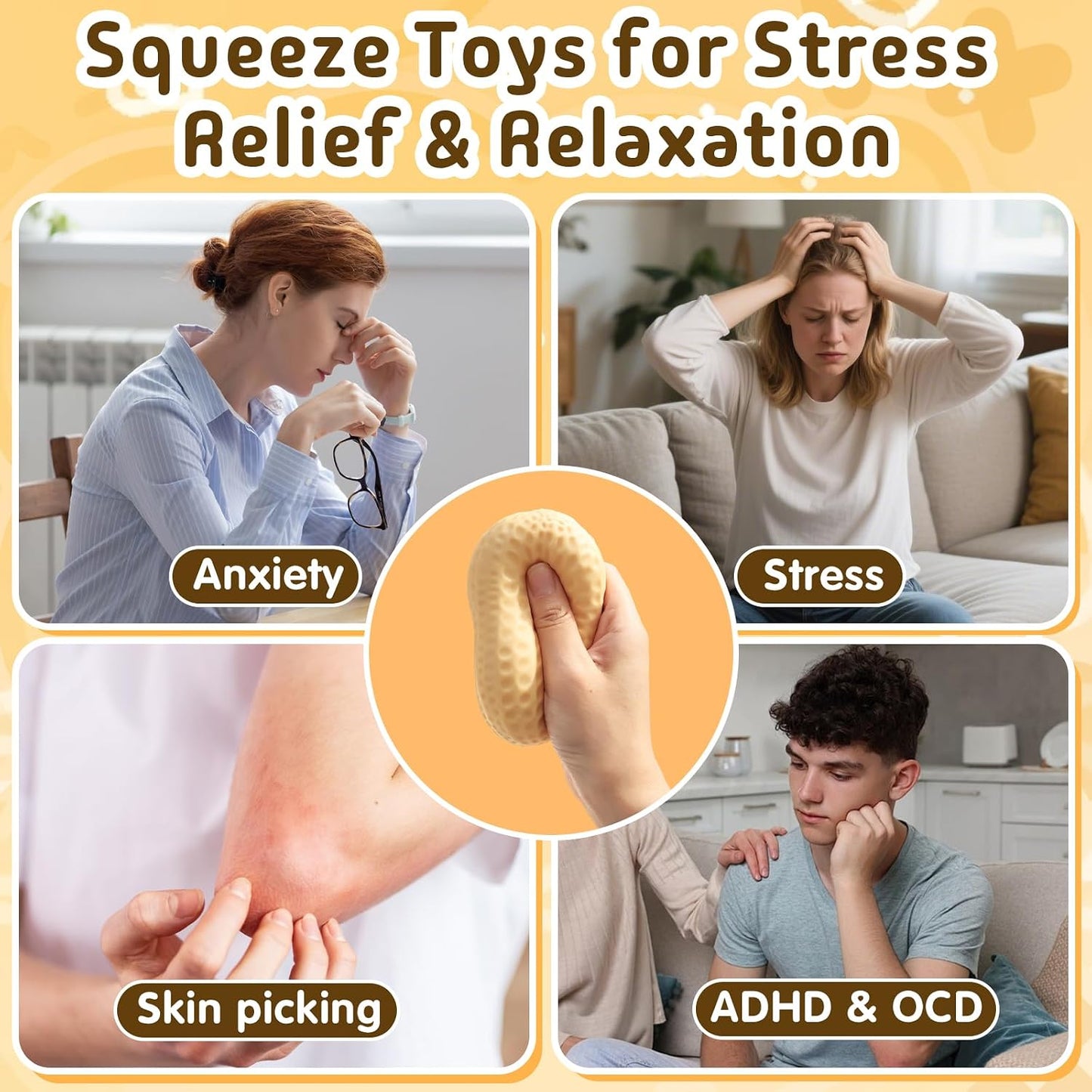 Peanut Squishy - Peanut Stress Ball Fidget Toy for Adults, Soft Squeeze Toy, Rising Sensory Stress Relief Hand Toy, Stress Relief Toy, Portable Fidget Toy, Party Favors (Yellow)