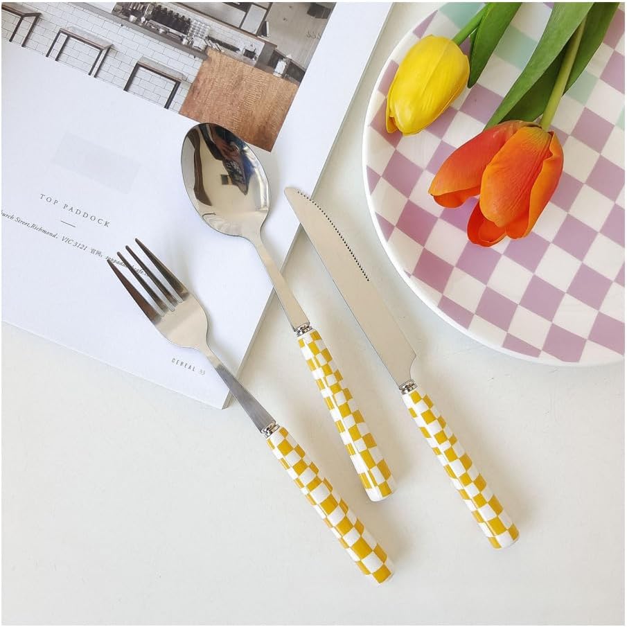 (12 Pieces) Chequerboard Ceramic Handle Kitchen Stainless Steel Silverware Tableware Flatware Cutlery Set Steak Knife Fork Spoon Teaspoon (Yellow)