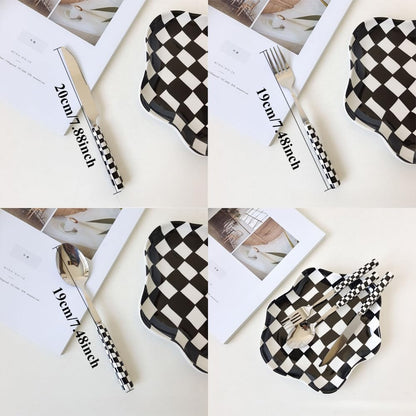 (12 Pieces) Chequerboard Ceramic Handle Kitchen Stainless Steel Silverware Tableware Flatware Cutlery Set Steak Knife Fork Spoon Teaspoon (Yellow)