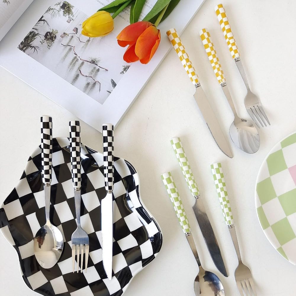 (12 Pieces) Chequerboard Ceramic Handle Kitchen Stainless Steel Silverware Tableware Flatware Cutlery Set Steak Knife Fork Spoon Teaspoon (Yellow)