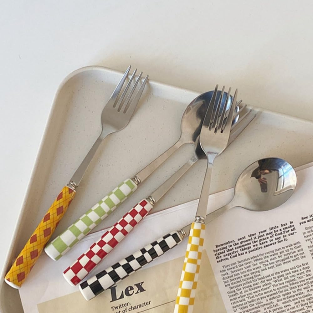 (12 Pieces) Chequerboard Ceramic Handle Kitchen Stainless Steel Silverware Tableware Flatware Cutlery Set Steak Knife Fork Spoon Teaspoon (Yellow)