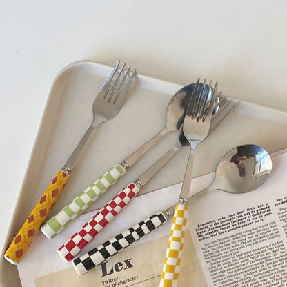 (12 Pieces) Chequerboard Ceramic Handle Kitchen Stainless Steel Silverware Tableware Flatware Cutlery Set Steak Knife Fork Spoon Teaspoon (Yellow)