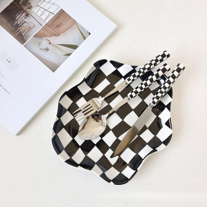 (12 Pieces) Chequerboard Ceramic Handle Kitchen Stainless Steel Silverware Tableware Flatware Cutlery Set Steak Knife Fork Spoon Teaspoon (Yellow)