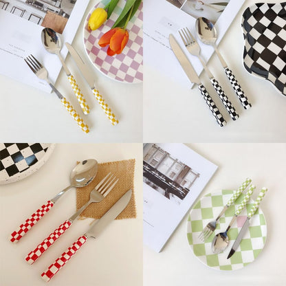 (12 Pieces) Chequerboard Ceramic Handle Kitchen Stainless Steel Silverware Tableware Flatware Cutlery Set Steak Knife Fork Spoon Teaspoon (Yellow)