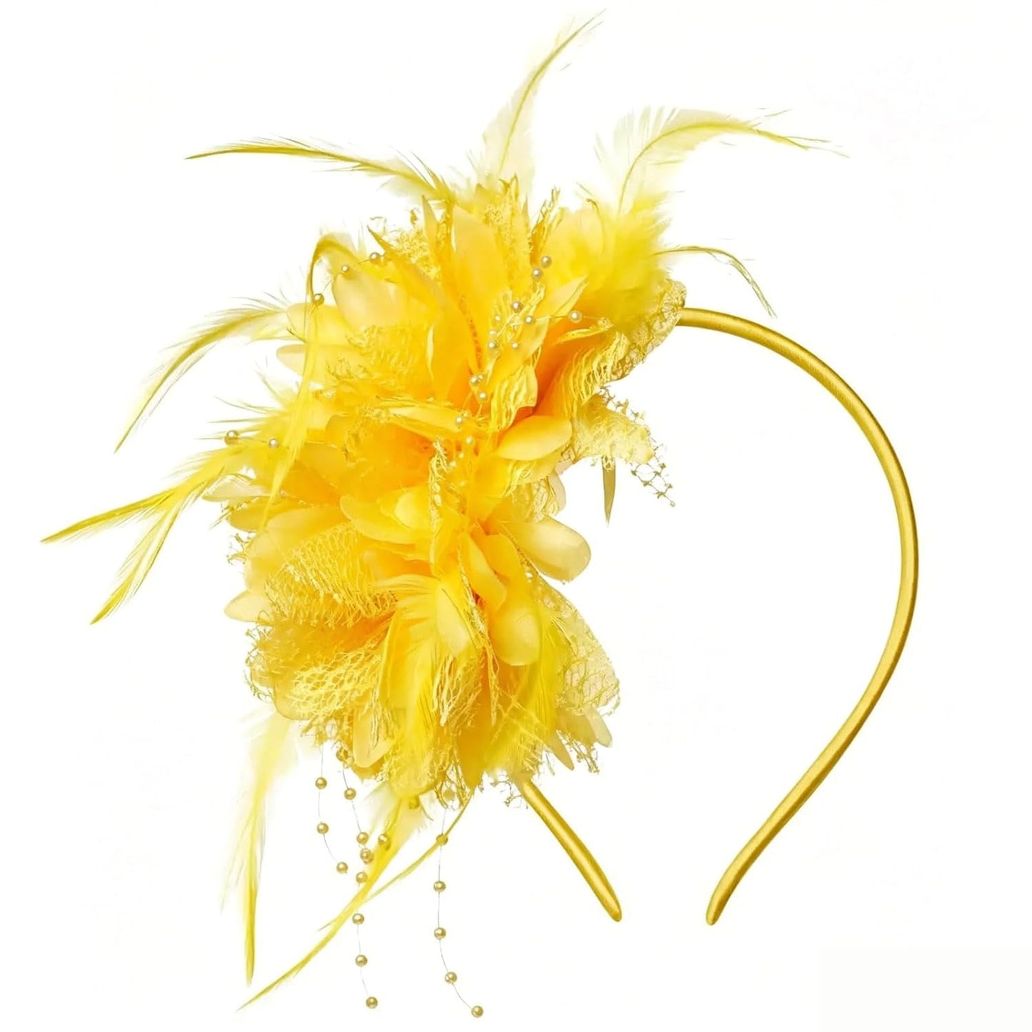 Yellow Flower Headband, Floral Feather Hairband with Pearl Design Party Headband for Women Wedding Headpiece Fascinator Party Hair Accessories Carnival Hair Hoop