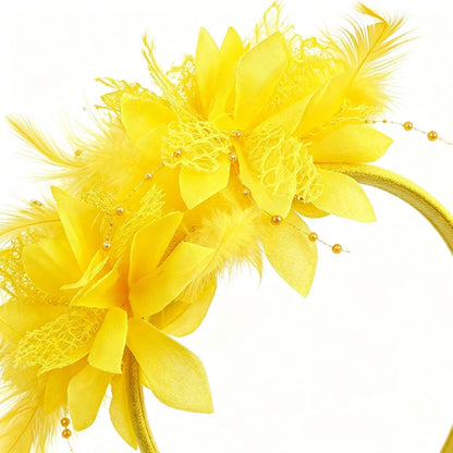 Yellow Flower Headband, Floral Feather Hairband with Pearl Design Party Headband for Women Wedding Headpiece Fascinator Party Hair Accessories Carnival Hair Hoop