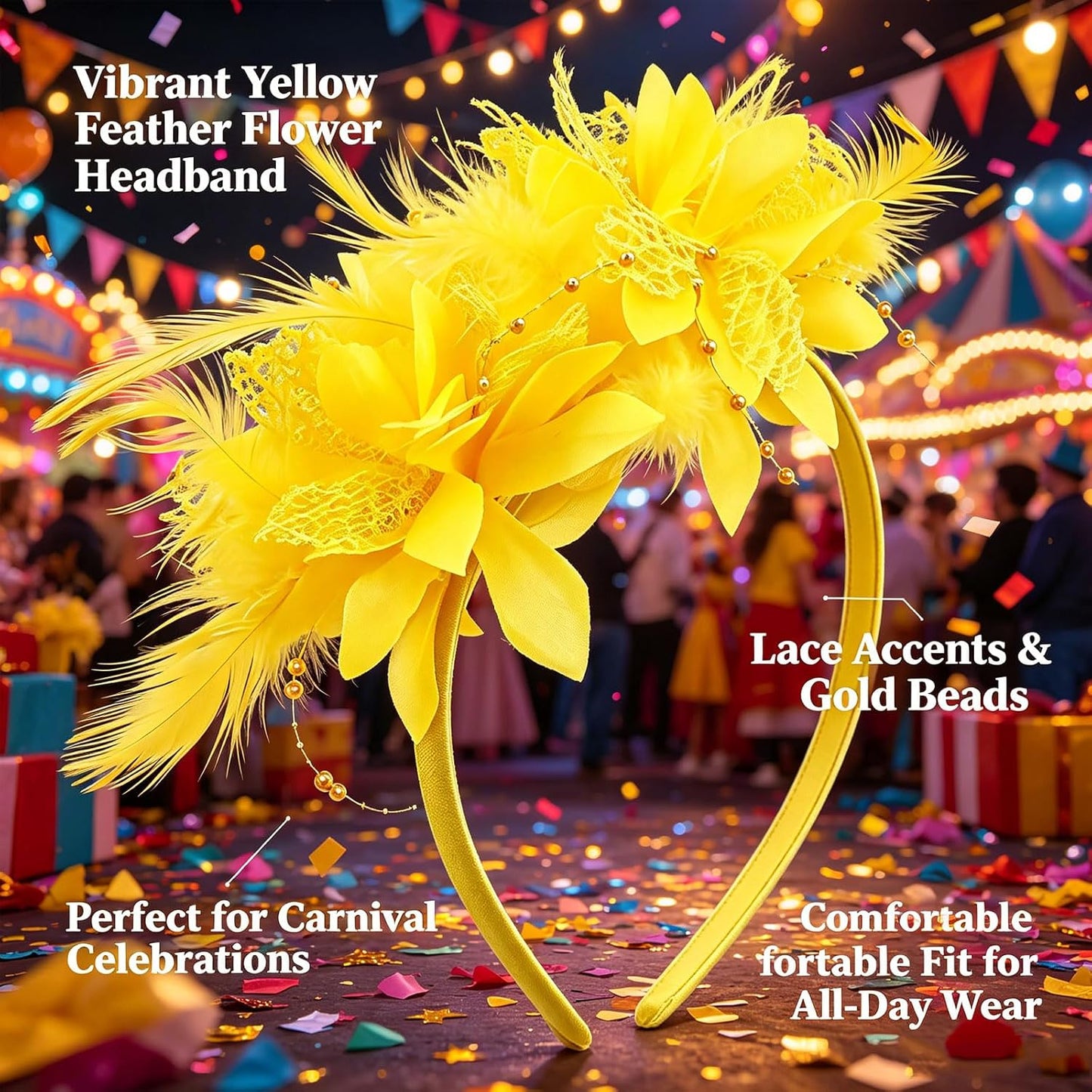 Yellow Flower Headband, Floral Feather Hairband with Pearl Design Party Headband for Women Wedding Headpiece Fascinator Party Hair Accessories Carnival Hair Hoop