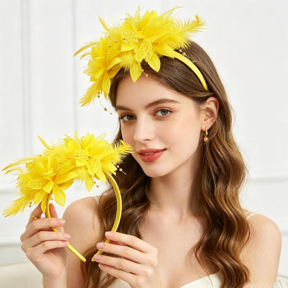 Yellow Flower Headband, Floral Feather Hairband with Pearl Design Party Headband for Women Wedding Headpiece Fascinator Party Hair Accessories Carnival Hair Hoop