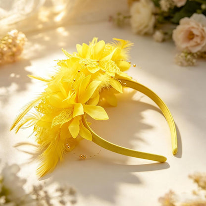 Yellow Flower Headband, Floral Feather Hairband with Pearl Design Party Headband for Women Wedding Headpiece Fascinator Party Hair Accessories Carnival Hair Hoop