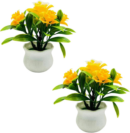 2Pcs Yellow Artificial Flowers, Fake Flowers, Artificial Plants Indoor, Artificial Potted Plants 5 Rose Flower Head Wedding Faux Floral Bonsai Indoor Outdoor Desktop Decoration