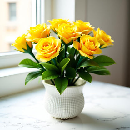 2Pcs Yellow Artificial Flowers, Fake Flowers, Artificial Plants Indoor, Artificial Potted Plants 5 Rose Flower Head Wedding Faux Floral Bonsai Indoor Outdoor Desktop Decoration