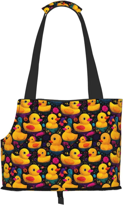 Yellow Rubber Duck (2) Print Foldable Pet Tote Bag, Shoulder Carrier for Small Dogs and Cats