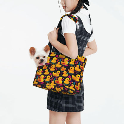 Yellow Rubber Duck (2) Print Foldable Pet Tote Bag, Shoulder Carrier for Small Dogs and Cats