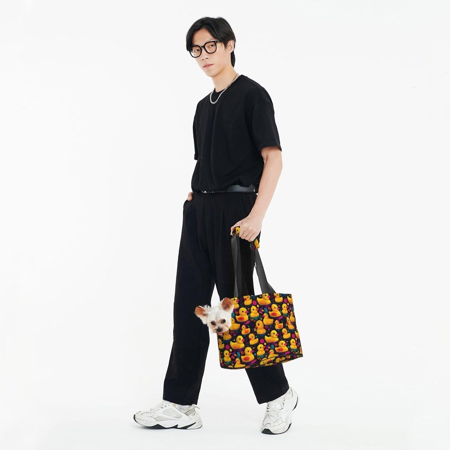 Yellow Rubber Duck (2) Print Foldable Pet Tote Bag, Shoulder Carrier for Small Dogs and Cats