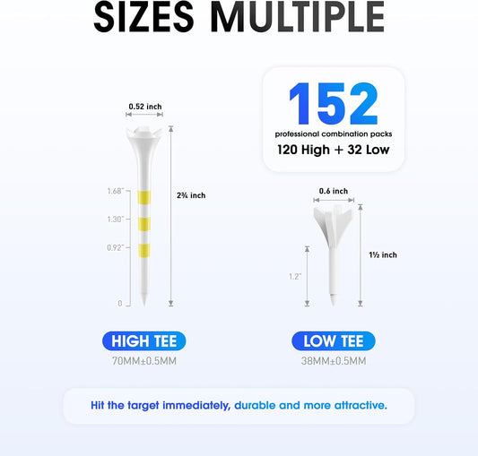 Professional Plastic Golf Tees 152 Pack Combo, High & Low Tee Set with Enhanced Durability, Engineered for Stability, Low Friction, & Reduced Side Spin