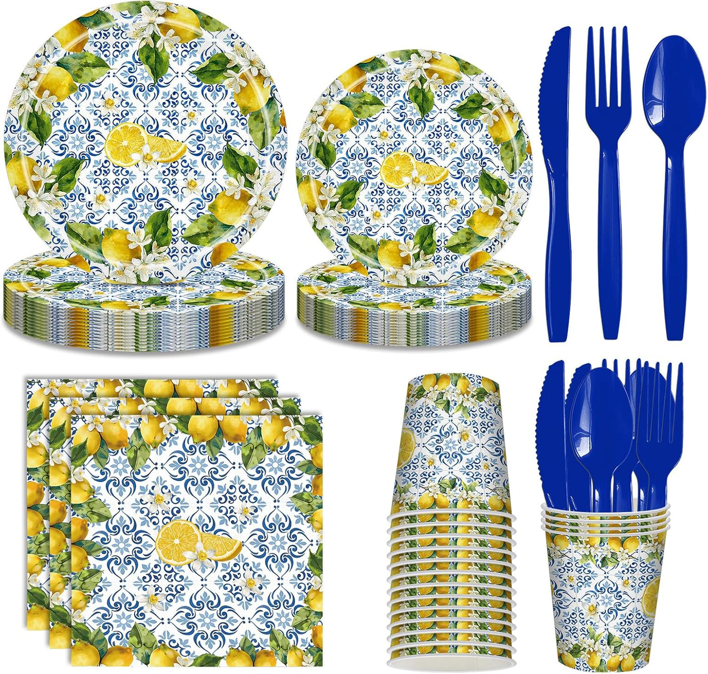 168 Pcs Amalfi Coast Party Decorations Serve 24 Guests Lemon Plates and Napkins Party Supplies Mediterranean Decor Paper Disposable Dinnerware Sets