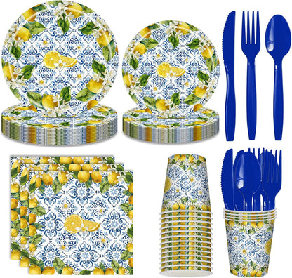 168 Pcs Amalfi Coast Party Decorations Serve 24 Guests Lemon Plates and Napkins Party Supplies Mediterranean Decor Paper Disposable Dinnerware Sets