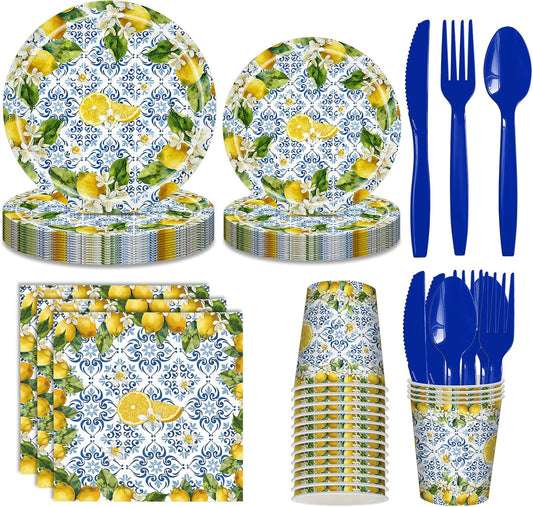 168 Pcs Amalfi Coast Party Decorations Serve 24 Guests Lemon Plates and Napkins Party Supplies Mediterranean Decor Paper Disposable Dinnerware Sets
