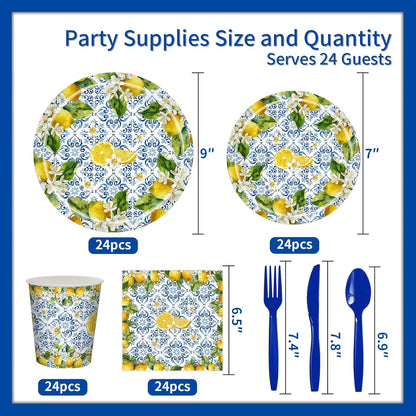168 Pcs Amalfi Coast Party Decorations Serve 24 Guests Lemon Plates and Napkins Party Supplies Mediterranean Decor Paper Disposable Dinnerware Sets