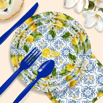168 Pcs Amalfi Coast Party Decorations Serve 24 Guests Lemon Plates and Napkins Party Supplies Mediterranean Decor Paper Disposable Dinnerware Sets