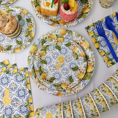 168 Pcs Amalfi Coast Party Decorations Serve 24 Guests Lemon Plates and Napkins Party Supplies Mediterranean Decor Paper Disposable Dinnerware Sets