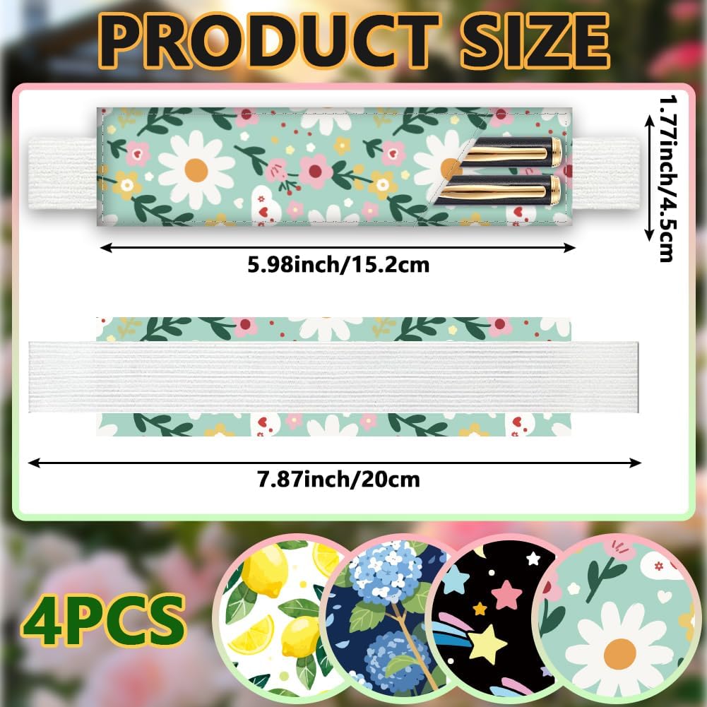 4Pcs 4 Styles Elastic Band Pen Holder for Notebook Floral 7.9 x 1.8 Inch Books Pencil Pouch Lemon Star Flower Design Adjustable Band Leather Pen Case for Journal Planner Diary Office Use