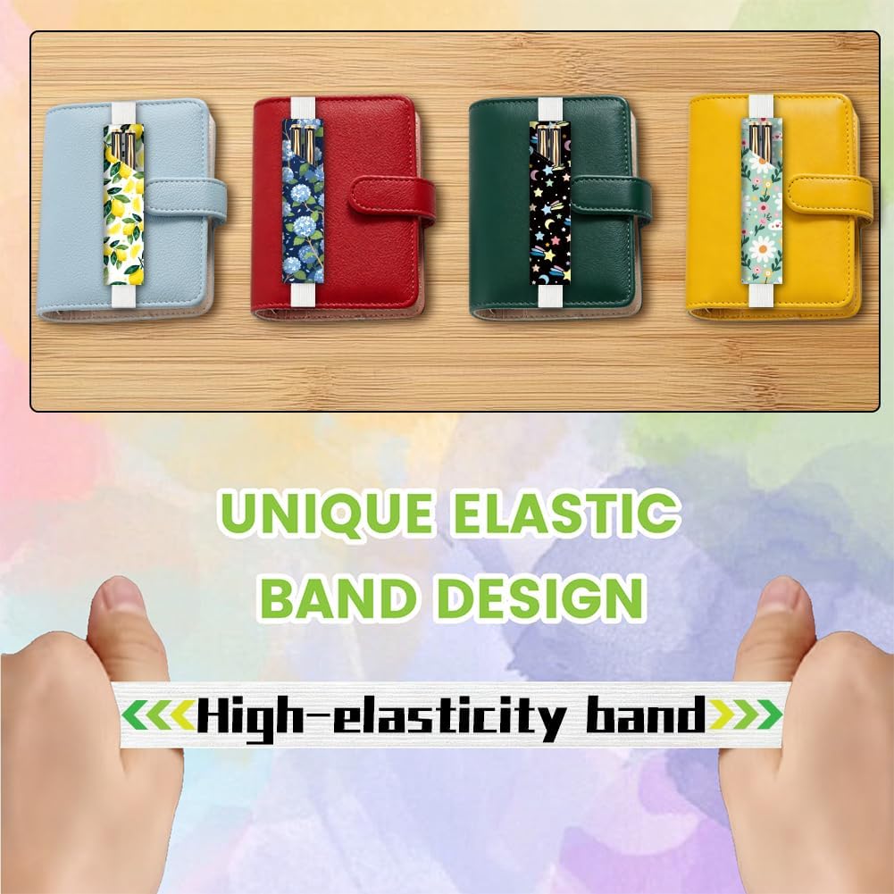 4Pcs 4 Styles Elastic Band Pen Holder for Notebook Floral 7.9 x 1.8 Inch Books Pencil Pouch Lemon Star Flower Design Adjustable Band Leather Pen Case for Journal Planner Diary Office Use