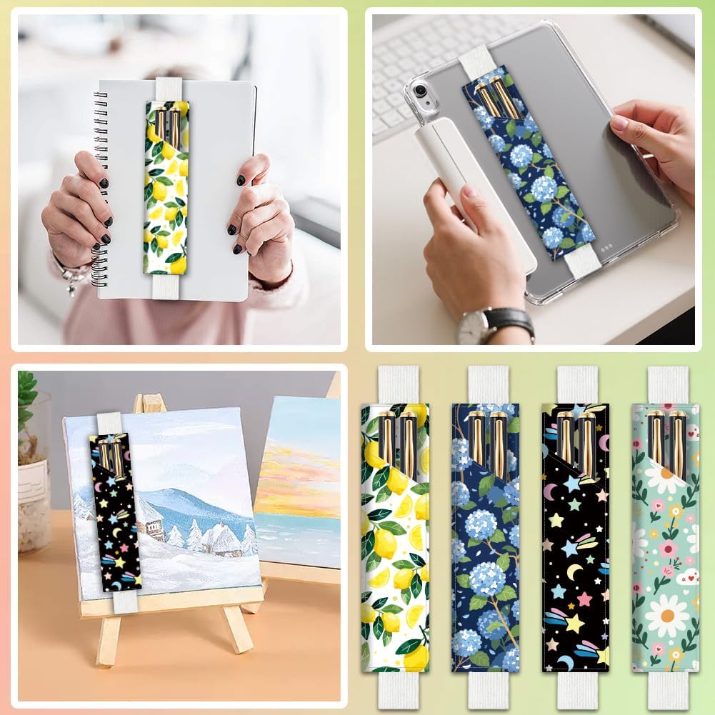 4Pcs 4 Styles Elastic Band Pen Holder for Notebook Floral 7.9 x 1.8 Inch Books Pencil Pouch Lemon Star Flower Design Adjustable Band Leather Pen Case for Journal Planner Diary Office Use