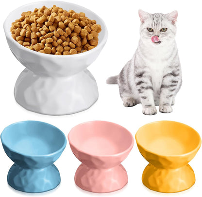 4 Pcs Ceramic Raised Cat Bowl 6.8 oz Pet Food Bowl Anti Vomiting Pet Elevated Dog Feeder Tilted Cat Water Bowl Feeding Kitten Dishes for Small Dog Kitten(White, Yellow, Blue, Pink)