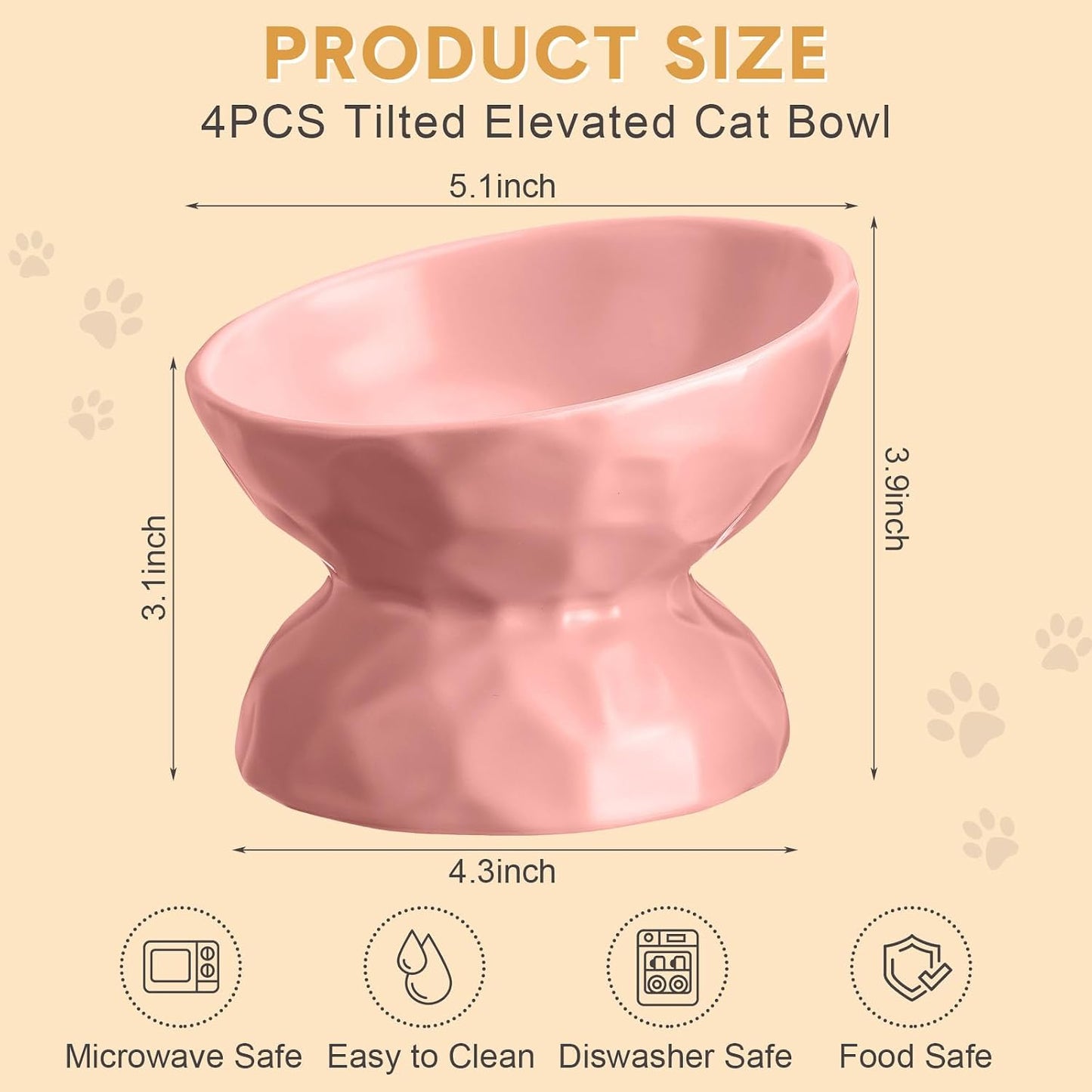 4 Pcs Ceramic Raised Cat Bowl 6.8 oz Pet Food Bowl Anti Vomiting Pet Elevated Dog Feeder Tilted Cat Water Bowl Feeding Kitten Dishes for Small Dog Kitten(White, Yellow, Blue, Pink)