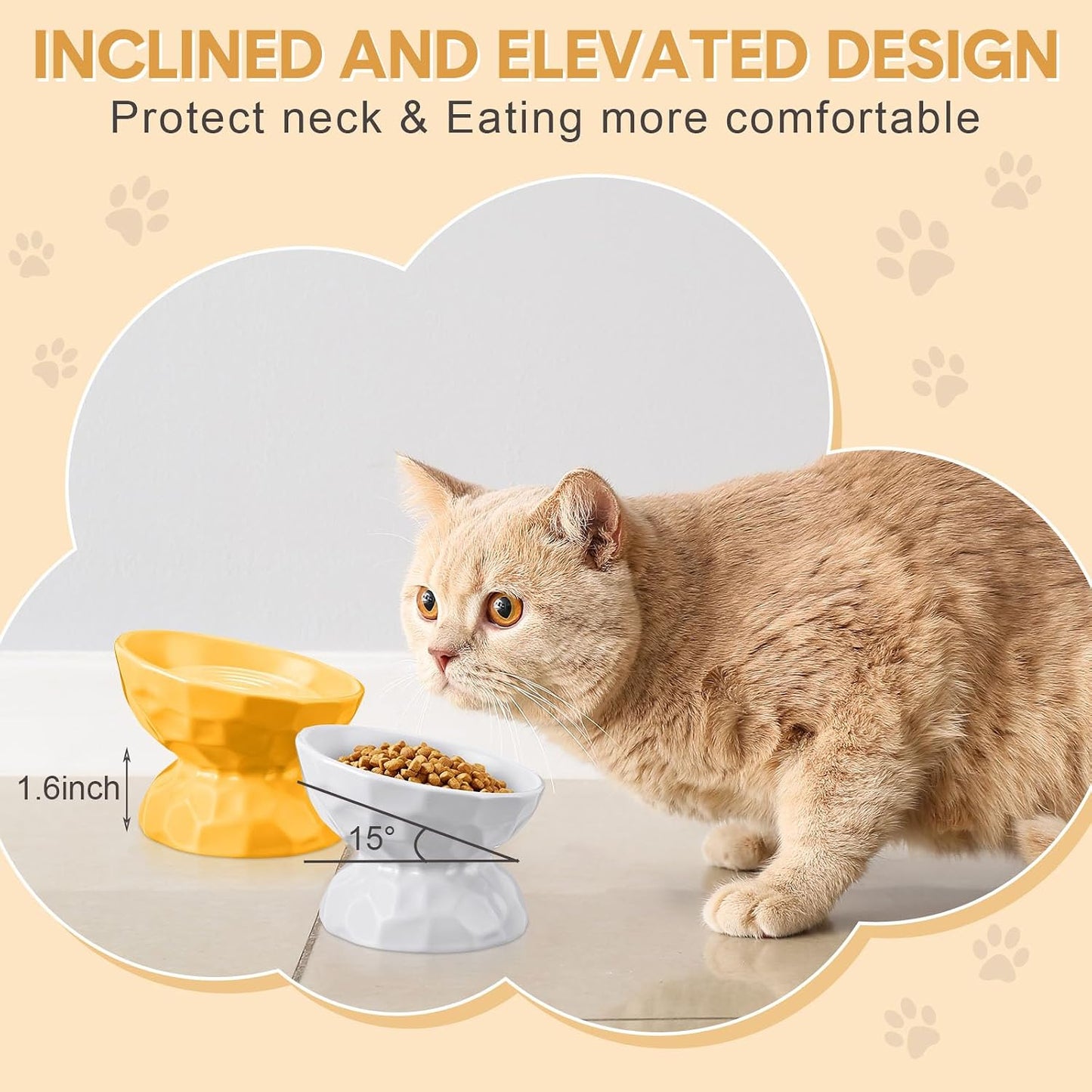 4 Pcs Ceramic Raised Cat Bowl 6.8 oz Pet Food Bowl Anti Vomiting Pet Elevated Dog Feeder Tilted Cat Water Bowl Feeding Kitten Dishes for Small Dog Kitten(White, Yellow, Blue, Pink)