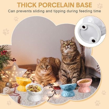 4 Pcs Ceramic Raised Cat Bowl 6.8 oz Pet Food Bowl Anti Vomiting Pet Elevated Dog Feeder Tilted Cat Water Bowl Feeding Kitten Dishes for Small Dog Kitten(White, Yellow, Blue, Pink)