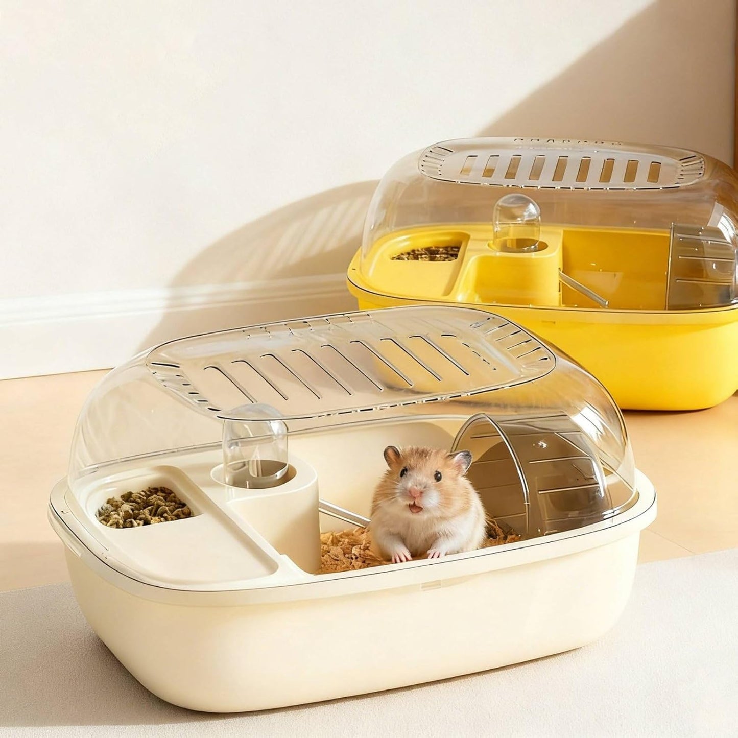 Hamster Cage Small Animal Habitat Pet Carrier Portable Design Quick Bedding Replacement Lightweight Suitable for Office Desk Educational Purposes, Yellow