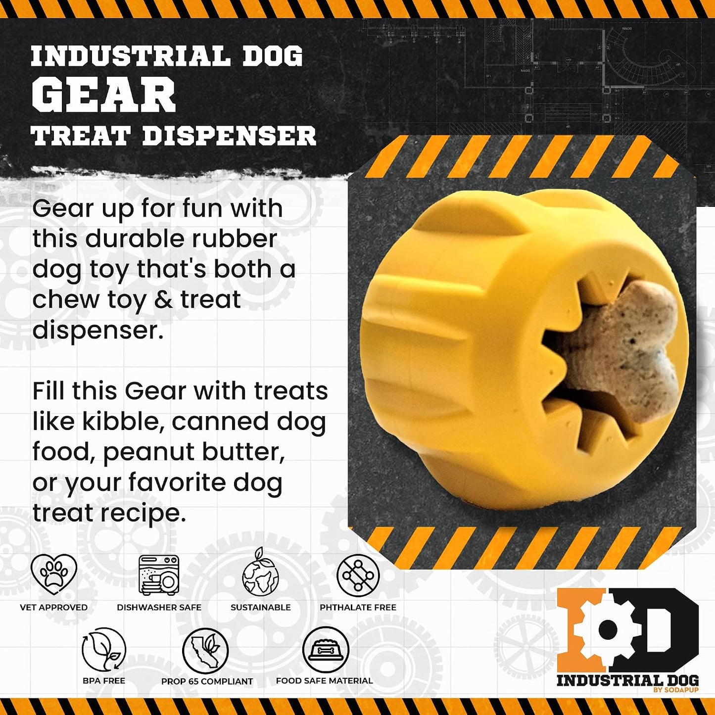 Industrial Dog Gear – Durable Dog Treat Dispenser & Chew Toy Made in USA from Non-Toxic, Pet-Safe, Food Safe Natural Rubber for Mental Stimulation, Problem Chewing, Calming Nerves & More