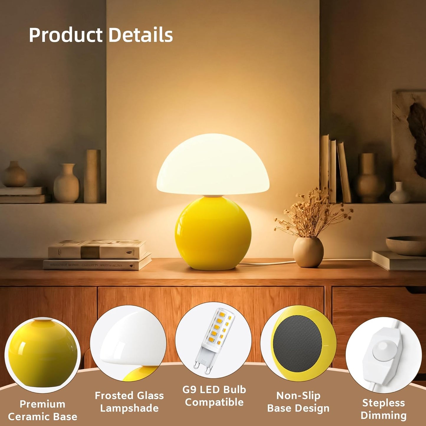 Mushroom Lamp Desk Lamp for Bedroom,Table Bedside Small Lamps for Living Room,Mushroom Decor Cute Mini Modern Mid Century Lamps for Night Stands,Aesthetic Home Living Room Decor(Yellow)