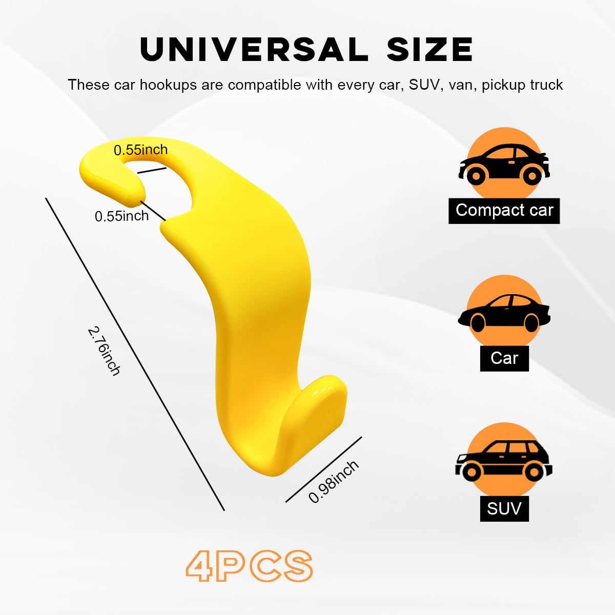 4PCS Car Seat Headrest Hook, Auto Back Seat Hanging Storage Organizer, Vehicle Seatback Hanger Holder for Purse Handbag Coat Umbrella, Universal Interior Car Accessories (Yellow)