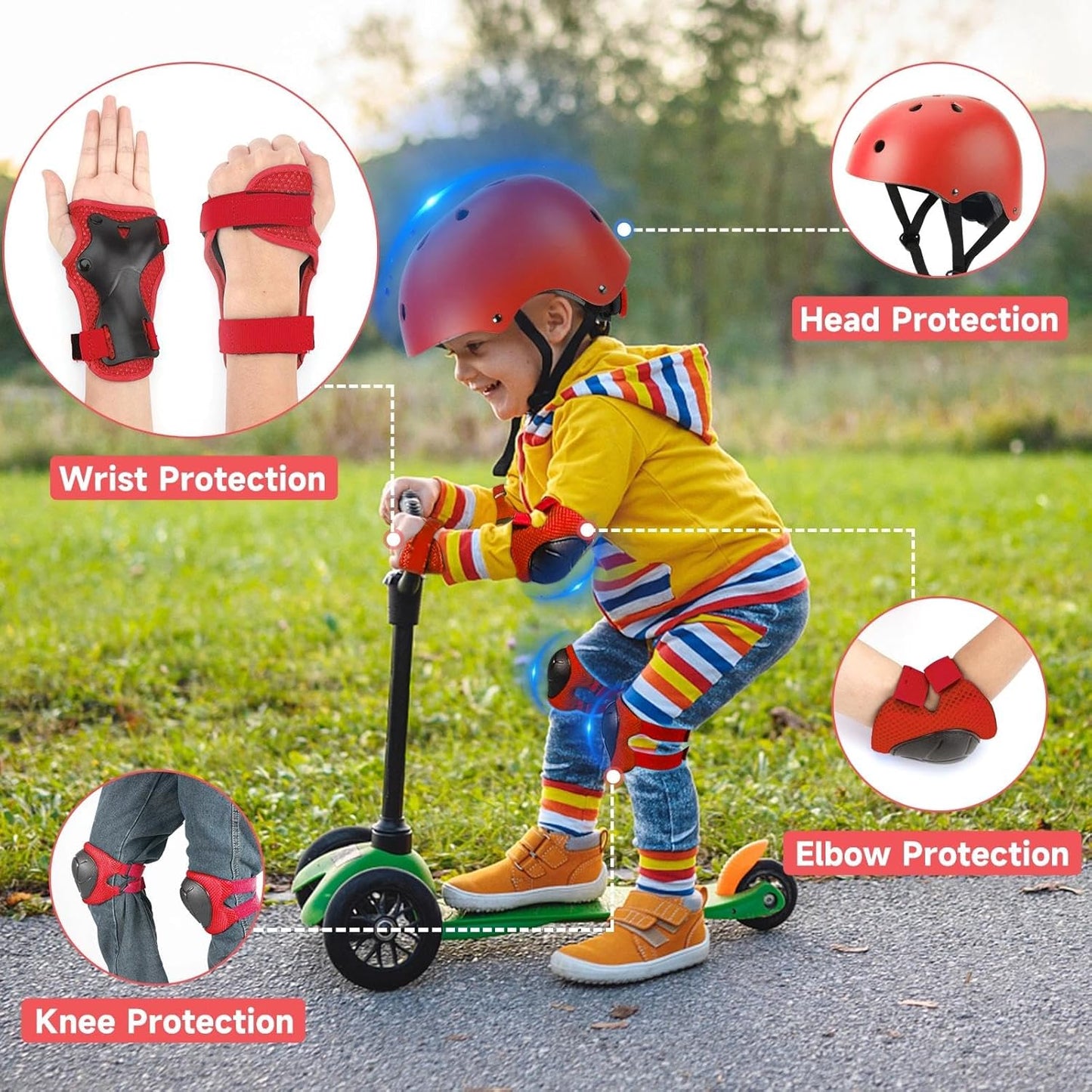 Toddler Kids Bike Helmet Set with Knee Elbow Pads, Adjustable Cycling Helmet for Little Boy Girl Protective Gear