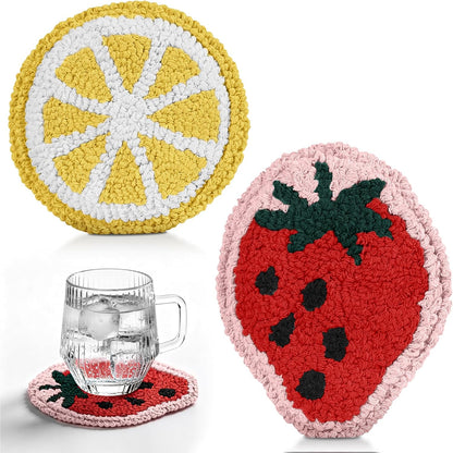 Fruit Coasters Set of 2 - Tufted Absorbent Coasters for Drinks, Cute Strawberry and Lemon Gift for Desk, Table, Office, Housewarming, Birthday, 2PC Decorative Cup Mats