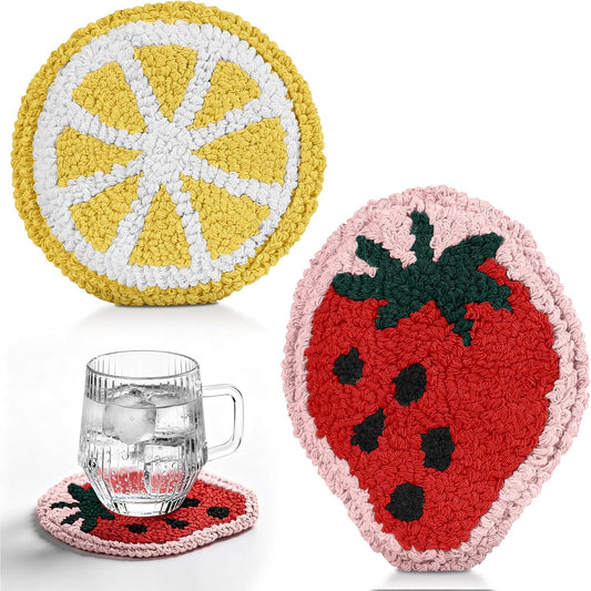 Fruit Coasters Set of 2 - Tufted Absorbent Coasters for Drinks, Cute Strawberry and Lemon Gift for Desk, Table, Office, Housewarming, Birthday, 2PC Decorative Cup Mats