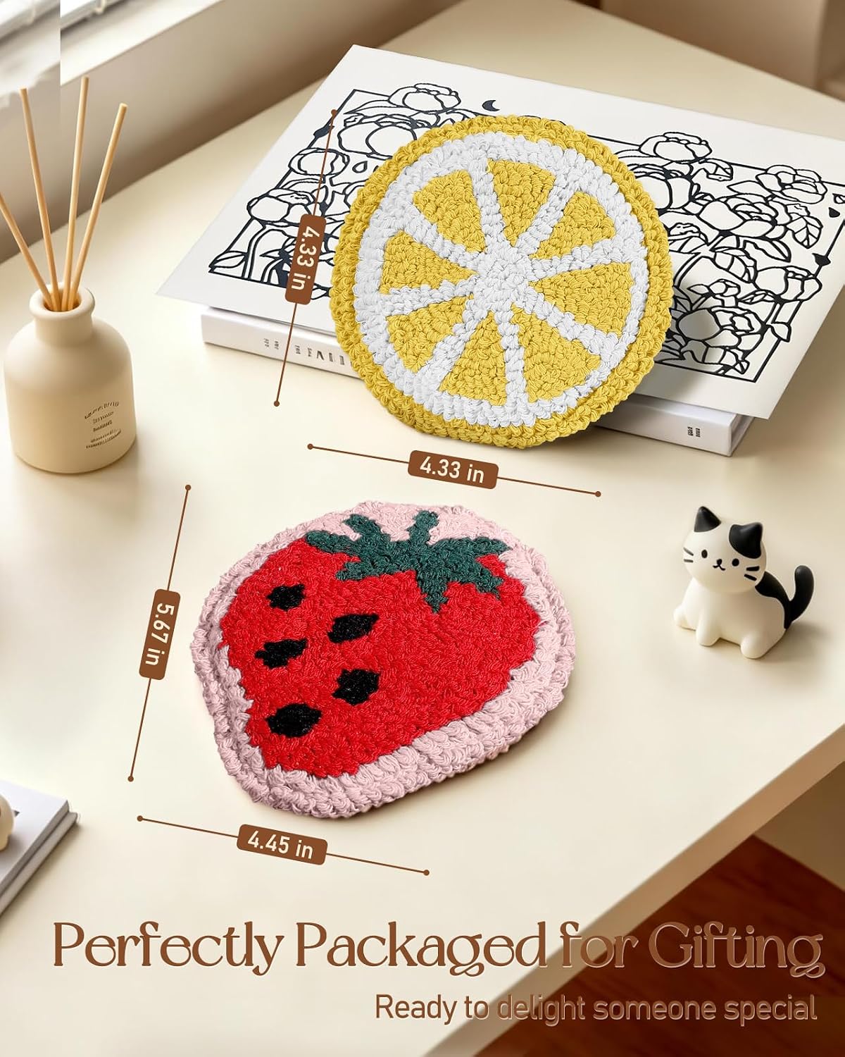 Fruit Coasters Set of 2 - Tufted Absorbent Coasters for Drinks, Cute Strawberry and Lemon Gift for Desk, Table, Office, Housewarming, Birthday, 2PC Decorative Cup Mats