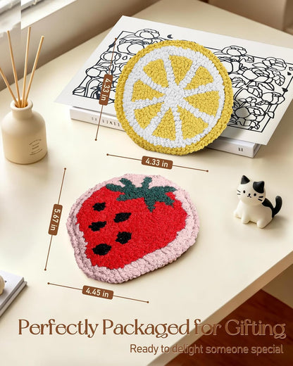 Fruit Coasters Set of 2 - Tufted Absorbent Coasters for Drinks, Cute Strawberry and Lemon Gift for Desk, Table, Office, Housewarming, Birthday, 2PC Decorative Cup Mats