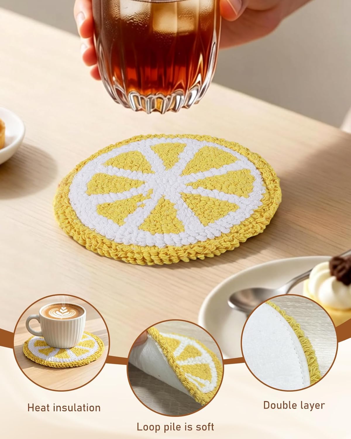 Fruit Coasters Set of 2 - Tufted Absorbent Coasters for Drinks, Cute Strawberry and Lemon Gift for Desk, Table, Office, Housewarming, Birthday, 2PC Decorative Cup Mats