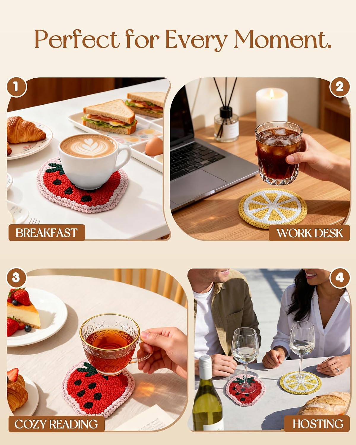 Fruit Coasters Set of 2 - Tufted Absorbent Coasters for Drinks, Cute Strawberry and Lemon Gift for Desk, Table, Office, Housewarming, Birthday, 2PC Decorative Cup Mats