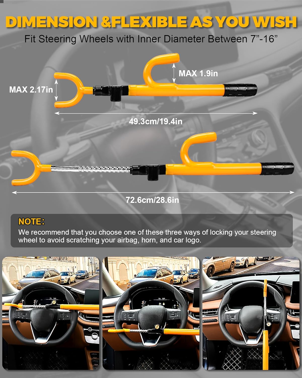 Steering Wheel Lock - Anti Theft Device with Adjustable Car Wheel Lock, 3 Keys (Yellow)
